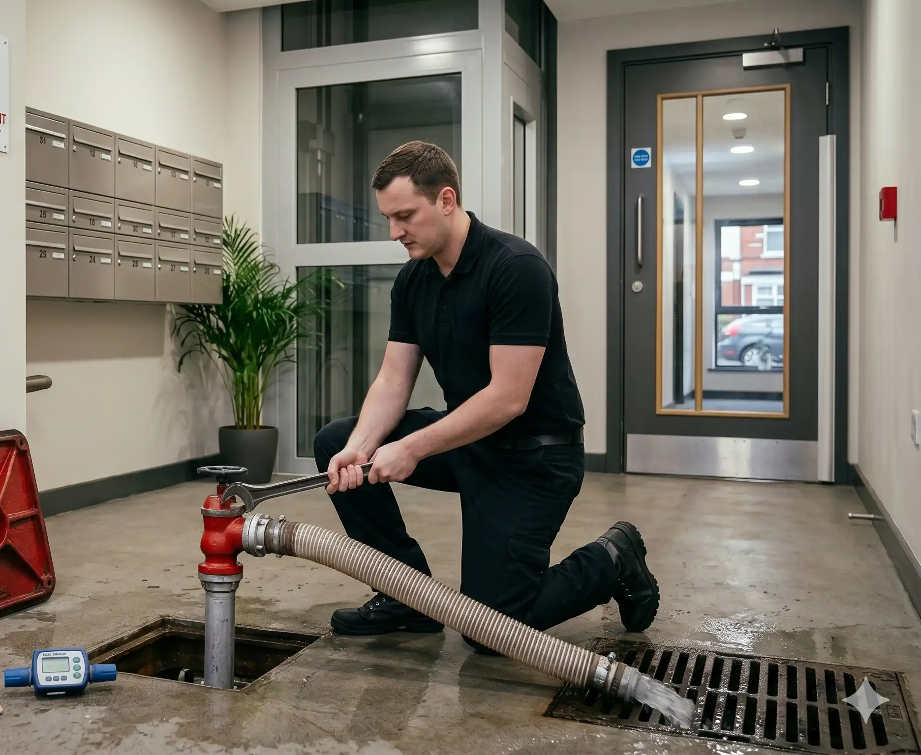 Technician in black uniform using a wrench on a red fire valve connected to a drainage hose in a building lobby