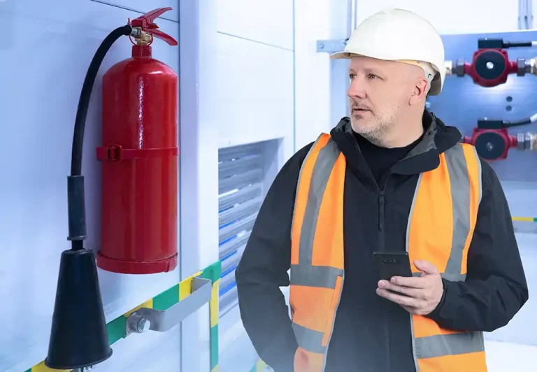 Technician in a hard hat and orange hi-vis vest holding a smartphone next to a red fire extinguisher on a wall.